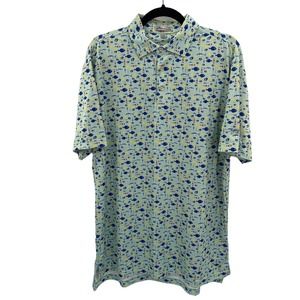Peter Millar Golf Polo Shirt Mens Medium Green Fish Fry Print Polyester LOGO